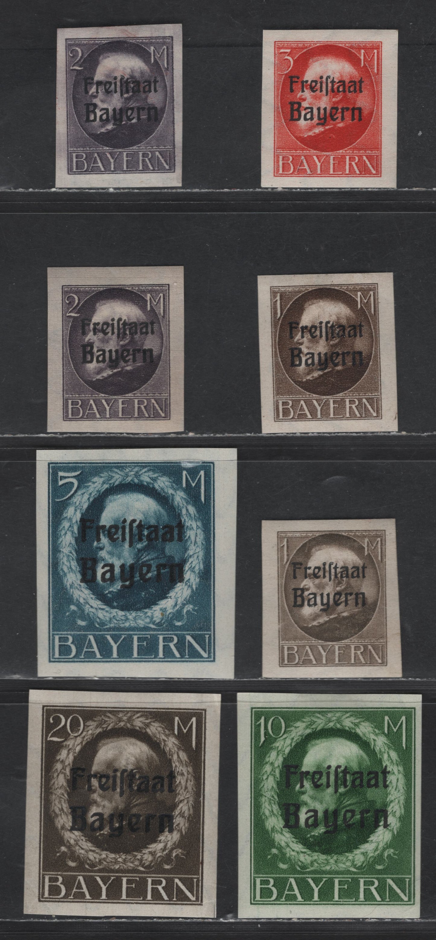 Bavaria #225-230 1m Deep Dive Brown - 20m Deep Grey Brown, 1919-1920 Free State Overprints On High Values Of the Ludwig III Issue, 8 VFOG Singles Wartime Printings With Extra Shades Of 1m & 2m