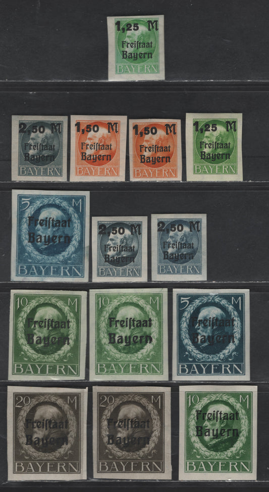 Bavaria #228-233 5m Deep Blue - 2.50m On 1m Slate, 1919-1920 Free State Overprints On High Values Of the Ludwig III Issue, 14 VFOG Singles Plus Surcharges With Shade Variations