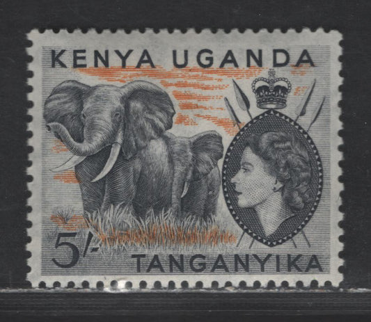 Lot 171 K.U.T SG#178 5/- Black & Orange African Elephants, 1954-1959 QE II Pictorial Issue, A VFOG Single, Perfs 12.5x13 & 13x12.5, Multiple Script CA Wmk