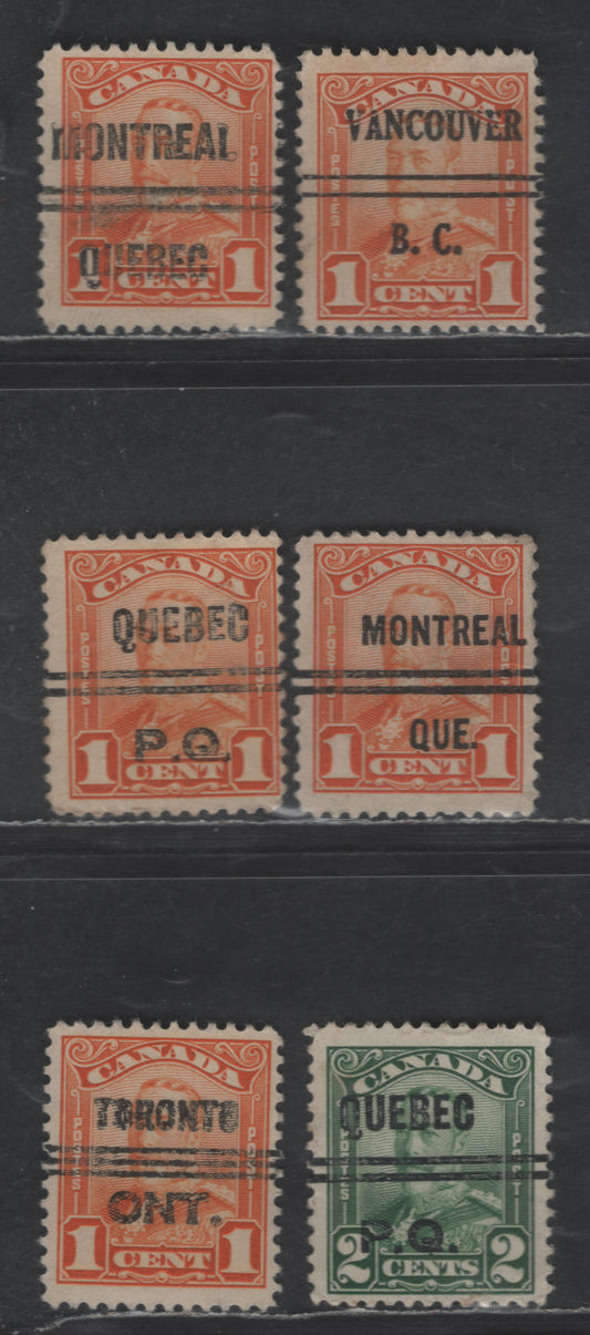 Canada #149xx, 150xx 1c, 2c Orange & Green King George V, 1928-1930 Scroll Issue, 6 Fine Used Singles With Montreal Style 4, 7, Quebec Style 3, Vancouver Style 2 And Toronto Style 12