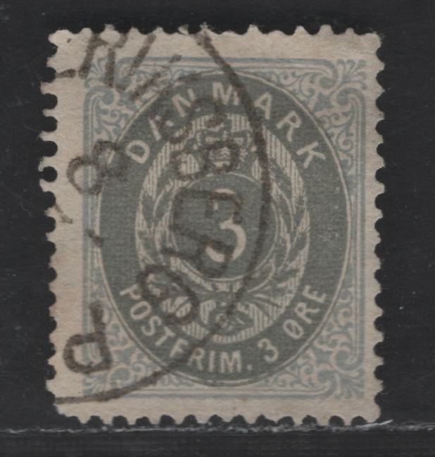 Denmark Facit#28f (SC# 25) 3o Gray & Gray Ultramarine Numeral & Coat of Arms, 1875-1879 Numeral Issue, A Very Good Used Single, Perf 14x13.5, Light Crease