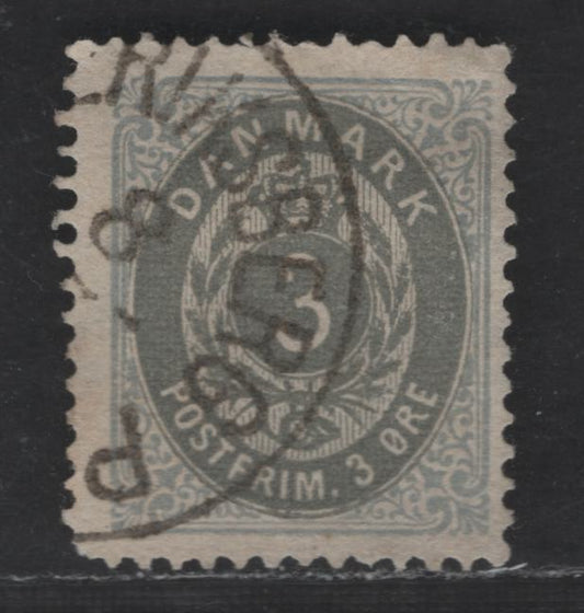 Denmark Facit#28f (SC# 25) 3o Gray & Gray Ultramarine Numeral & Coat of Arms, 1875-1879 Numeral Issue, A Very Good Used Single, Perf 14x13.5, Light Crease
