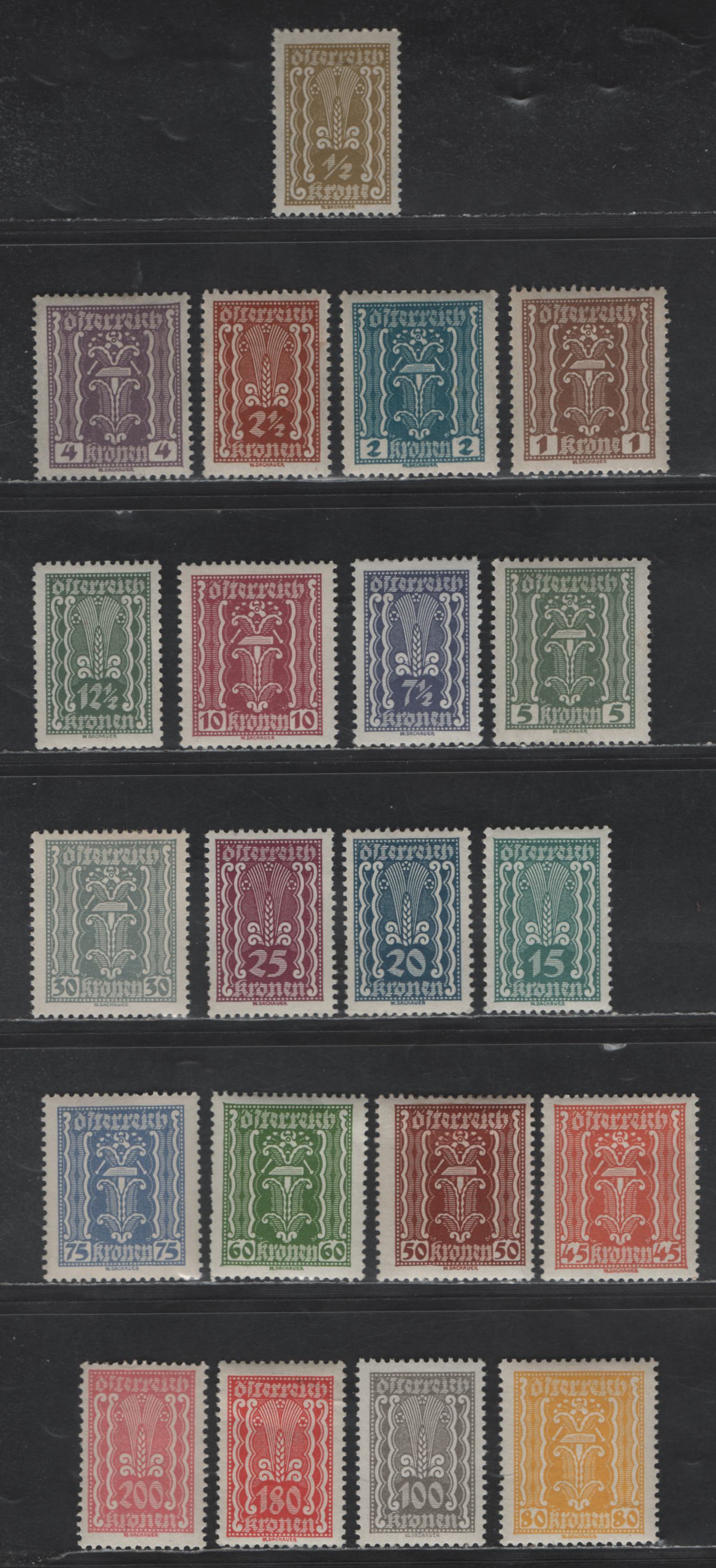 Austria SC#250-268, 272-273 1/2k - 200k Olive Bistre - Pink Symbols of Agriculture - Labour & Industry, 1922-1924 Agriculture - Labor & Industry Issues, 21 F/VFOG Singles, Perf 12.5