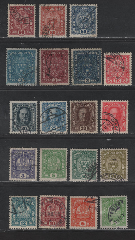Austria SC#145-160, 164 3h - 2k Violet - Light Blue Crown, Franz Josef & Arms, 1916-1918 Crown, Franz Josef & Arms Issues, 19 Fine/Very Fine Used Singles, Engraved Stamps are all Type I