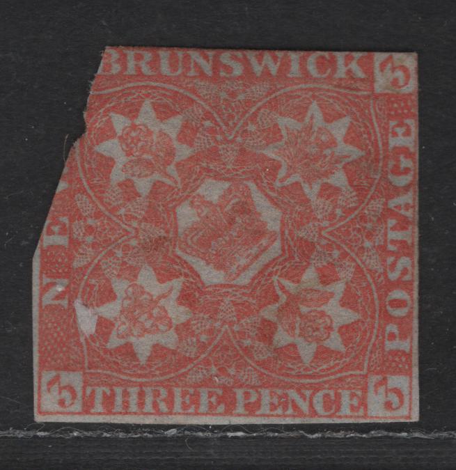 Lot 310 (C) New Brunswick #1 3d Red Crown & Heraldic Flowers, 1851-1860 Pence Issue, A Poor OG Single One Margin, Sound Except For The Fact That The UL Corner Is Skimmed Off, Gum Appears To Be Original, A Rare Mint Stamp Regardless