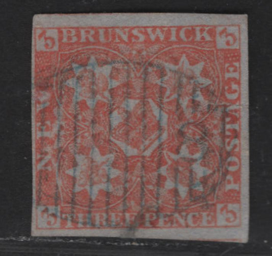 Lot 311 (C) New Brunswick #1 3d Red Crown & Heraldic Flowers, 1851-1860 Pence Issue, A VG Used Single With #8 Numeral Grid Cancel For Chatham, RF#5 Corresponding To Very Scarce, Four Margins, 3 Full, 1 Close, But Small Thin & 2 Tears