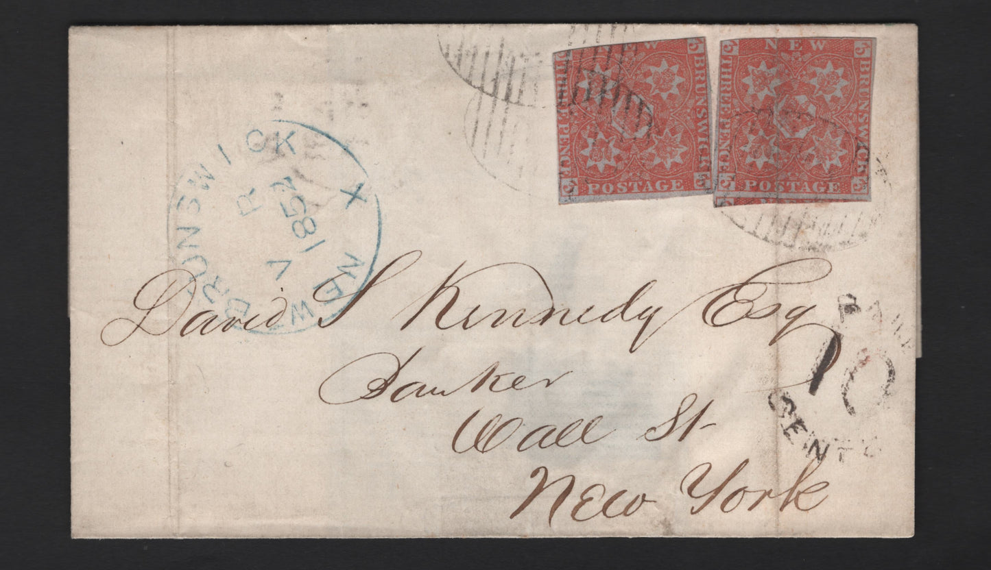 Lot 292 (C) New Brunswick #1 3d Red Crown & Heraldic Flowers, 1851-1860 Pence Issue, A Fine Cover Franked With 2 Good-VG Singles, Sent From Saint John To NY, Clear Strike Of Blue VR CDS, Listed In Jarett As Cancel Type #261, Scarce