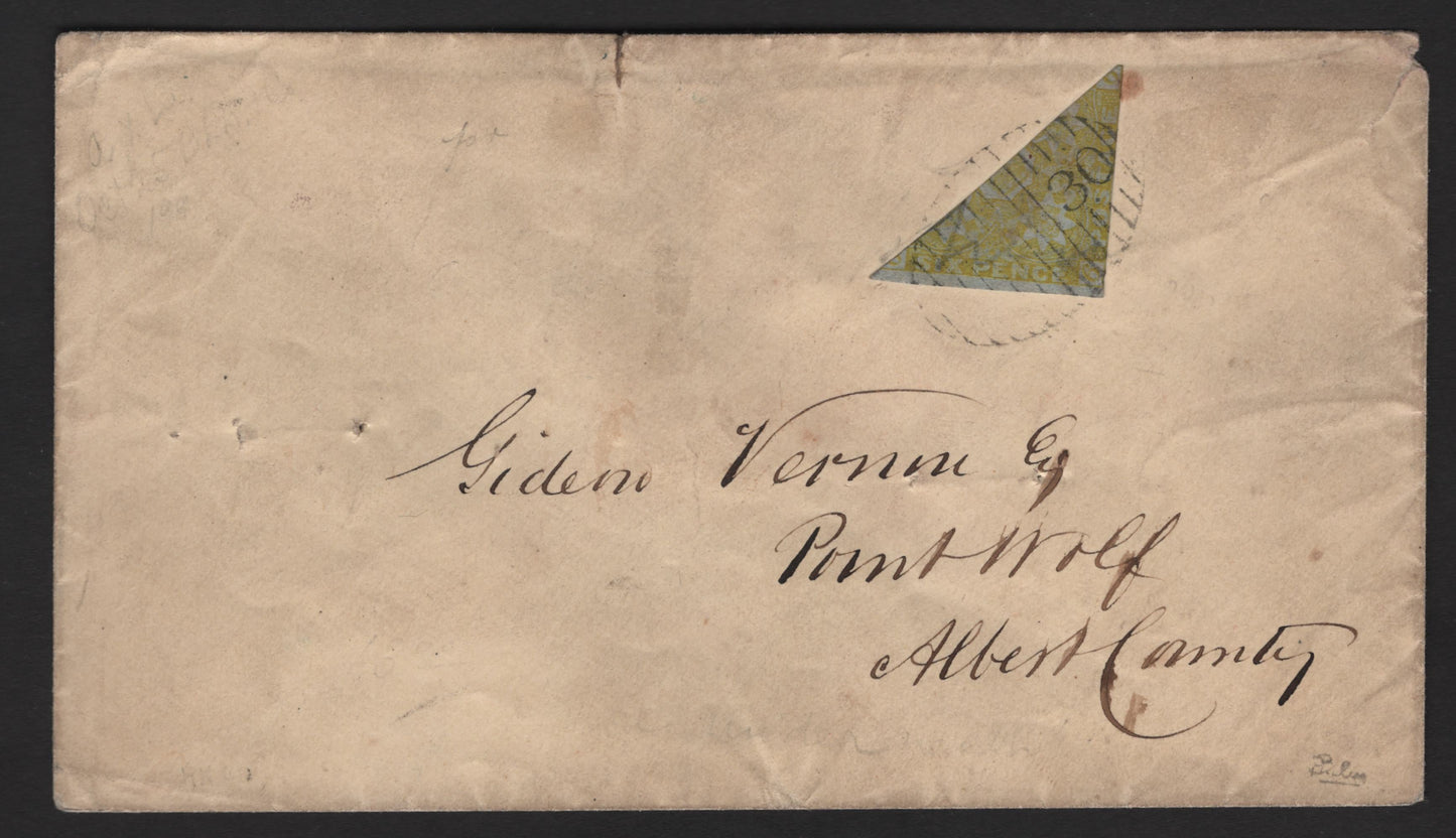 Lot 291 (C) New Brunswick #2b 6d Olive Yellow Crown & Heraldic Flowers, A Fine Cover Franked With Bisect, Sent From St. Stephen To Point Wolfe Via Harvey, Signed Calves, With 2011 Pascal Scheller Certificate, Only One Known With #30 Grid Cancel