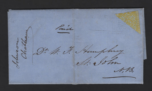 Lot 317 (C) New Brunswick #2bvar 6d Mustard Yellow Crown & Heraldic Flowers, Pence Issue, A Fine Cover Franked With Bisected Single, Tied By Faint #8 Chatham Grid Cancel, One Of Two Known, This Is The Earliest, From February 1859, 1994 BPA Certificate