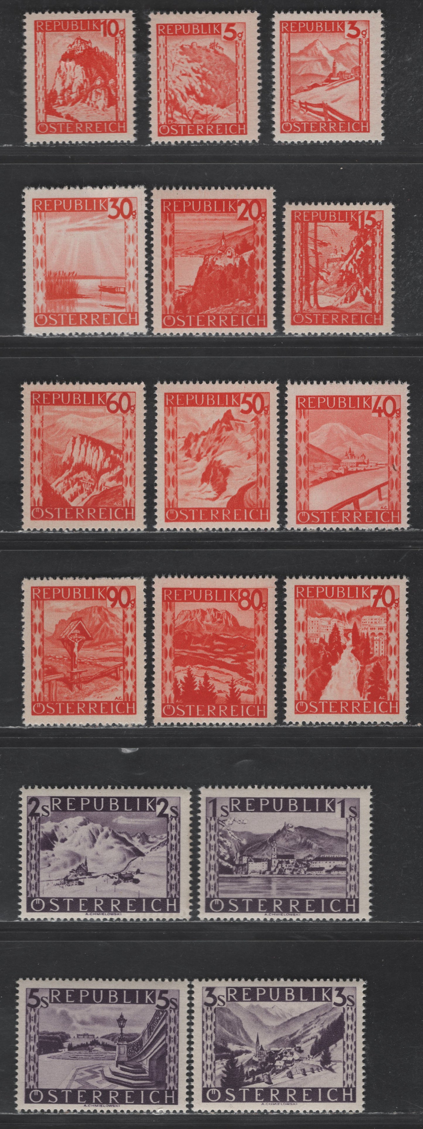 Austria SC#500-515 3g - 5s Bright Red - Dark Violet Lermos - Durnstein, Lower Austria, 1947-1948 Scenic Types Issue, 16 VFNH Singles, Perf 13.5x14