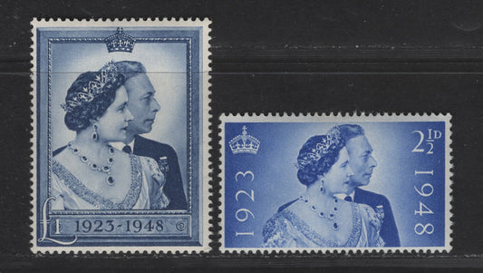 Lot 176 Great Britain SG#493-494 2.5d - £1 Ultramarine & Blue KGVI & Queen Elizabeth, 1948 Silver Wedding Issue, 2 FOG Singles, Perfs 15x14 & 14x15, Wmk 127