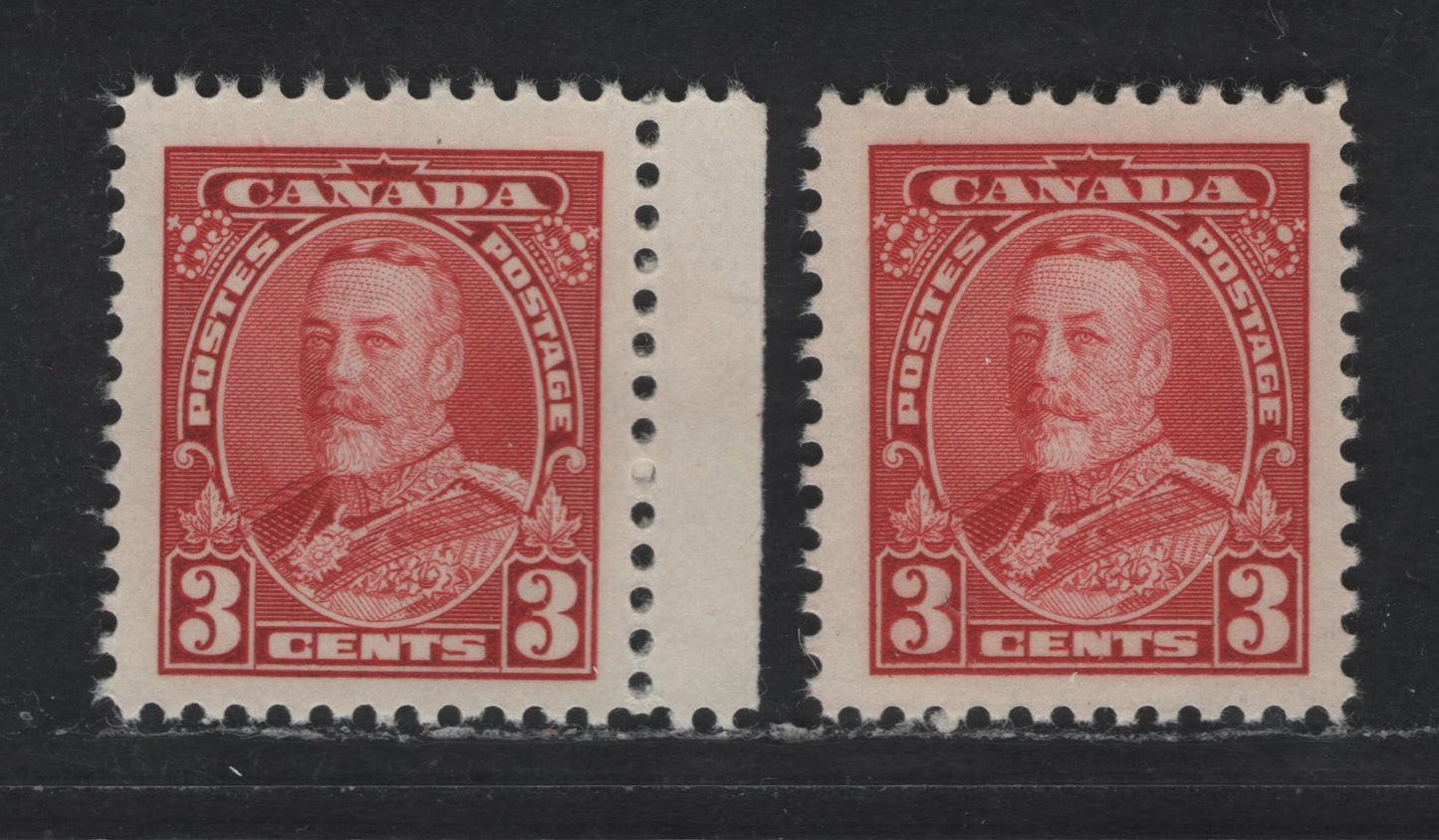 Canada #219 3c Carmine red King George V, 1935-1937 Dated Die Issue, 2 VFNH Singles On Vertical Wove Paper