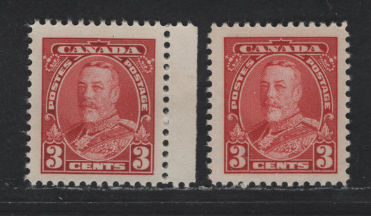Canada #219 3c Carmine red King George V, 1935-1937 Dated Die Issue, 2 VFNH Singles On Vertical Wove Paper