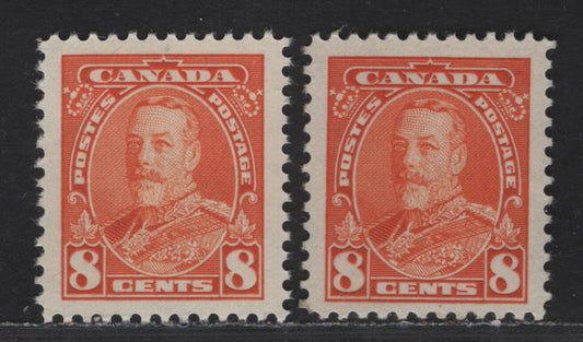 Canada #222 8c Orange & deep Orange King George V, 1935-1937 Dated Die Issue, 2 VFNH Singles On Vertical Wove Paper