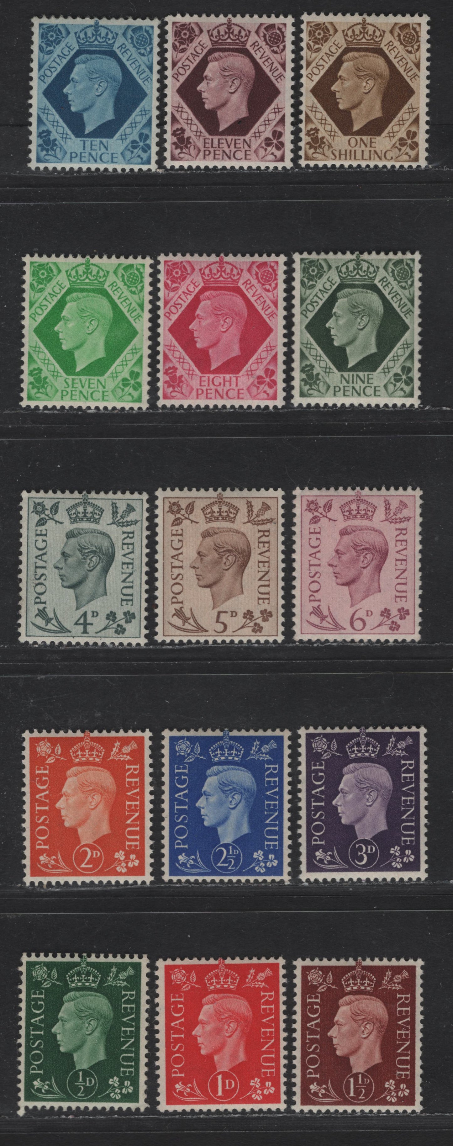 Lot 175 Great Britain SG#462-475 1/2d - 1/- Green - Bistre-Brown King George VI & National Emblems, 1937-1947 KGVI Issue, 15 VFOG Singles, Wmk 127, Perf 15x14