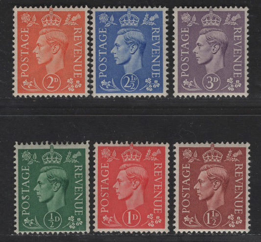 Great Britain SG#462-467 1/2d - 3d Green - Violet King George VI, 1937-1947 KGVI Issue, 6 F/VFOG Singles, Wmk 127, Perf 15x14