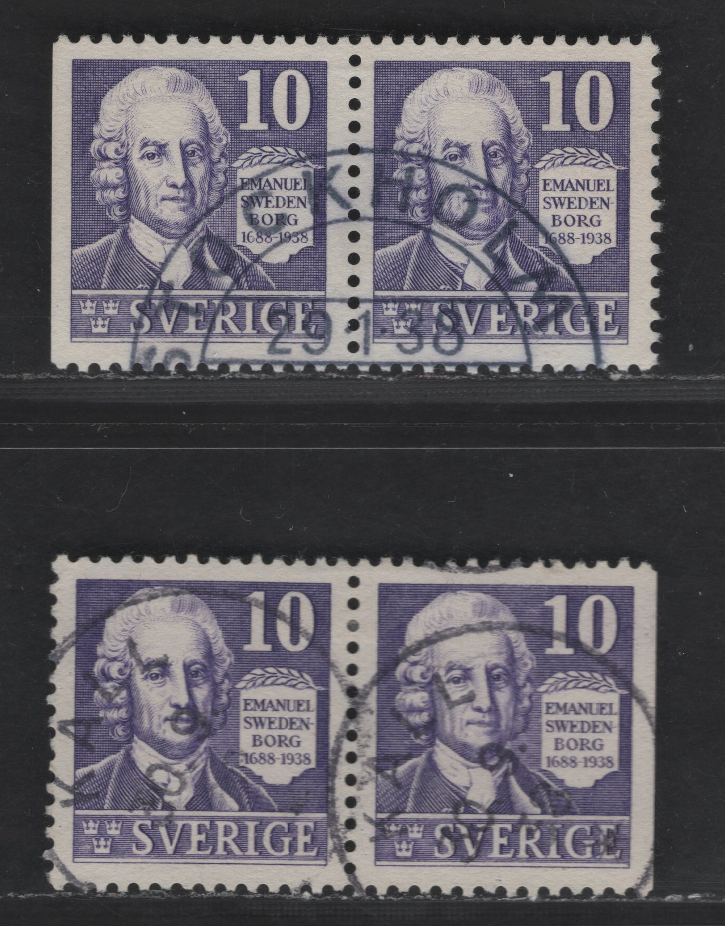 Lot 177 Sweden SC#264, 264a (Facit #259CB,BC) 10o Violet Emanuel Swedenborg, 1938 Pictorial Issue, 2 Very Fine Used Pairs, Containing Both Perf on 3 Sides & 4 Sides