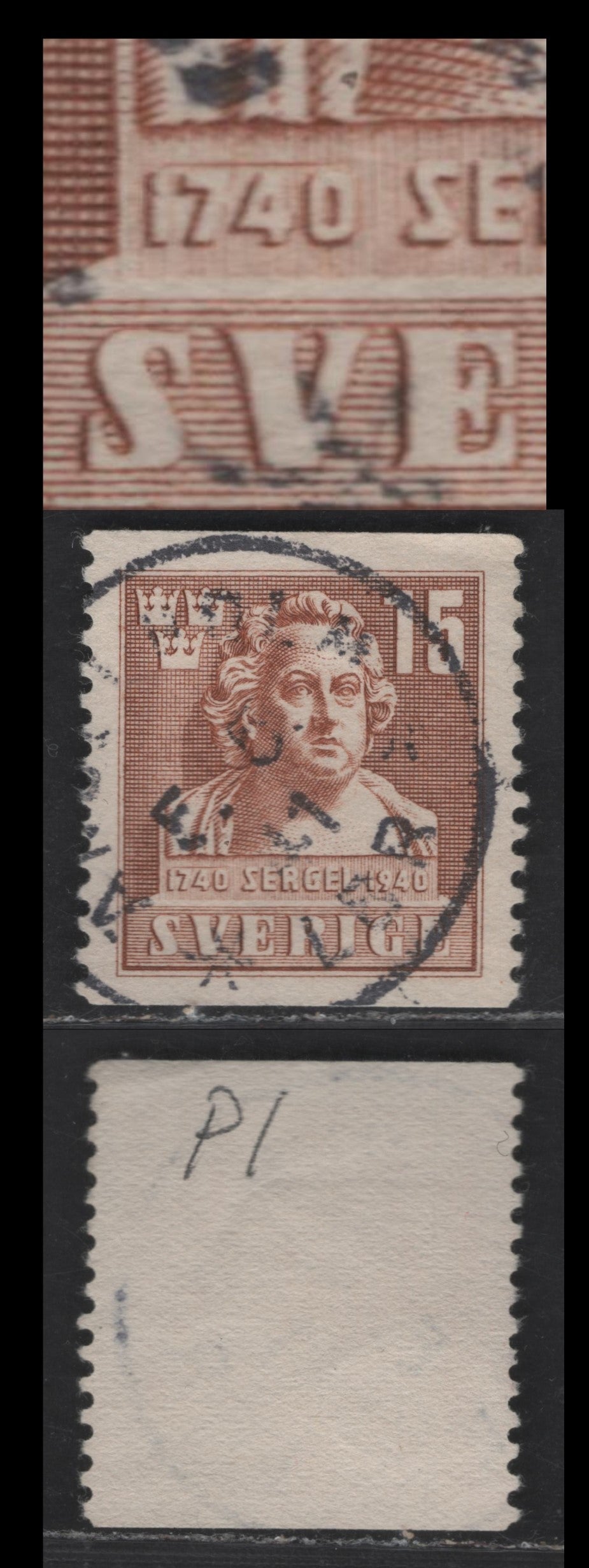 Lot 179 (C) Sweden SC#314var (Facit # 326P2) 15o Light Brown Tobias Sergel, 1940 Pictorial Issue, A Very Fine Used Single, Line Above '1740' Variety
