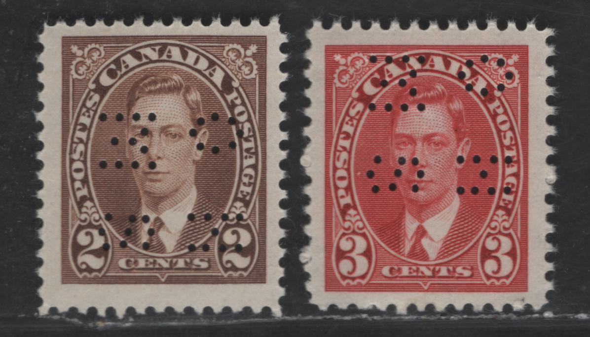 Canada #O9-232, O9-233 2c, 3c Brown & Carmine Red King George VI, 1937-1942 Mufti & Pictorial Issue, 2 Fine & VFNH Singles Position 4 4-Hole OHMS Perfin, Vertical Wove With Light Horizontal Ribbing, Semi-Gloss Cream Gum