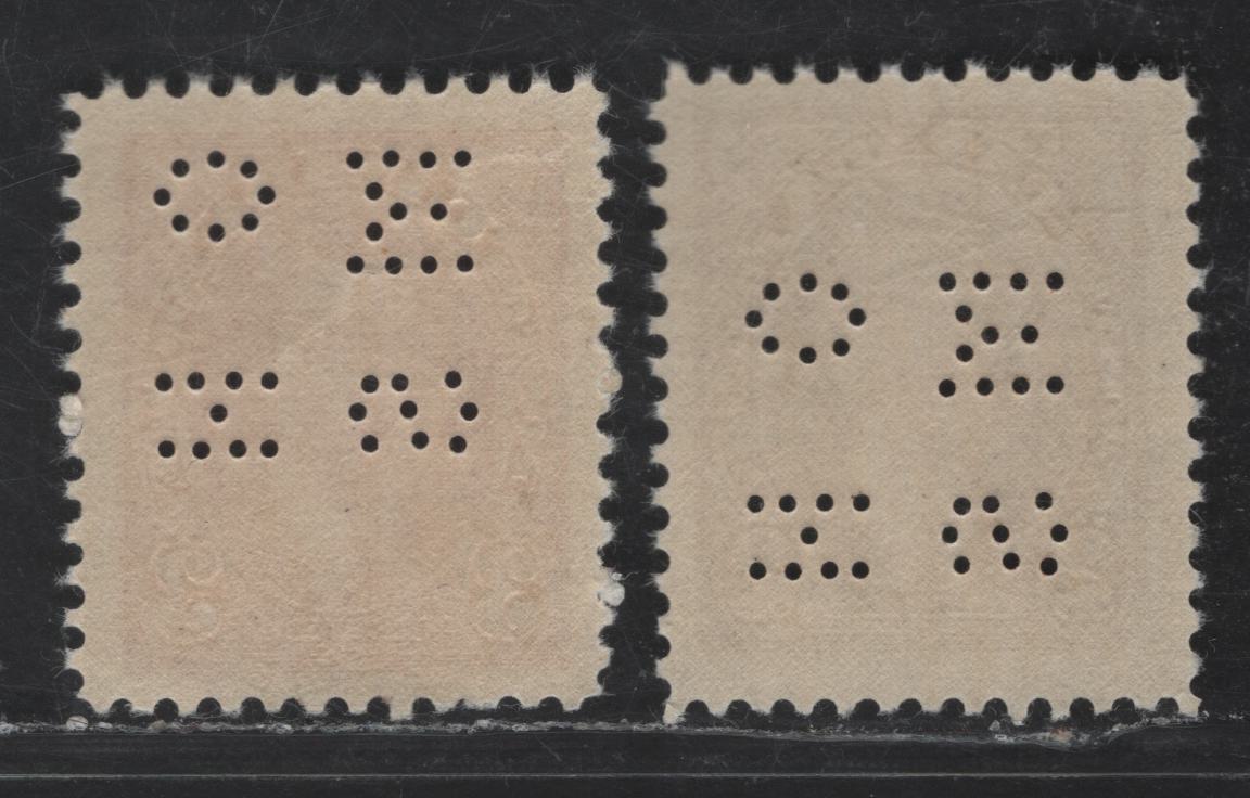 Canada #O9-232, O9-233 2c, 3c Brown & Carmine Red King George VI, 1937-1942 Mufti & Pictorial Issue, 2 Fine & VFNH Singles Position 4 4-Hole OHMS Perfin, Vertical Wove With Light Horizontal Ribbing, Semi-Gloss Cream Gum