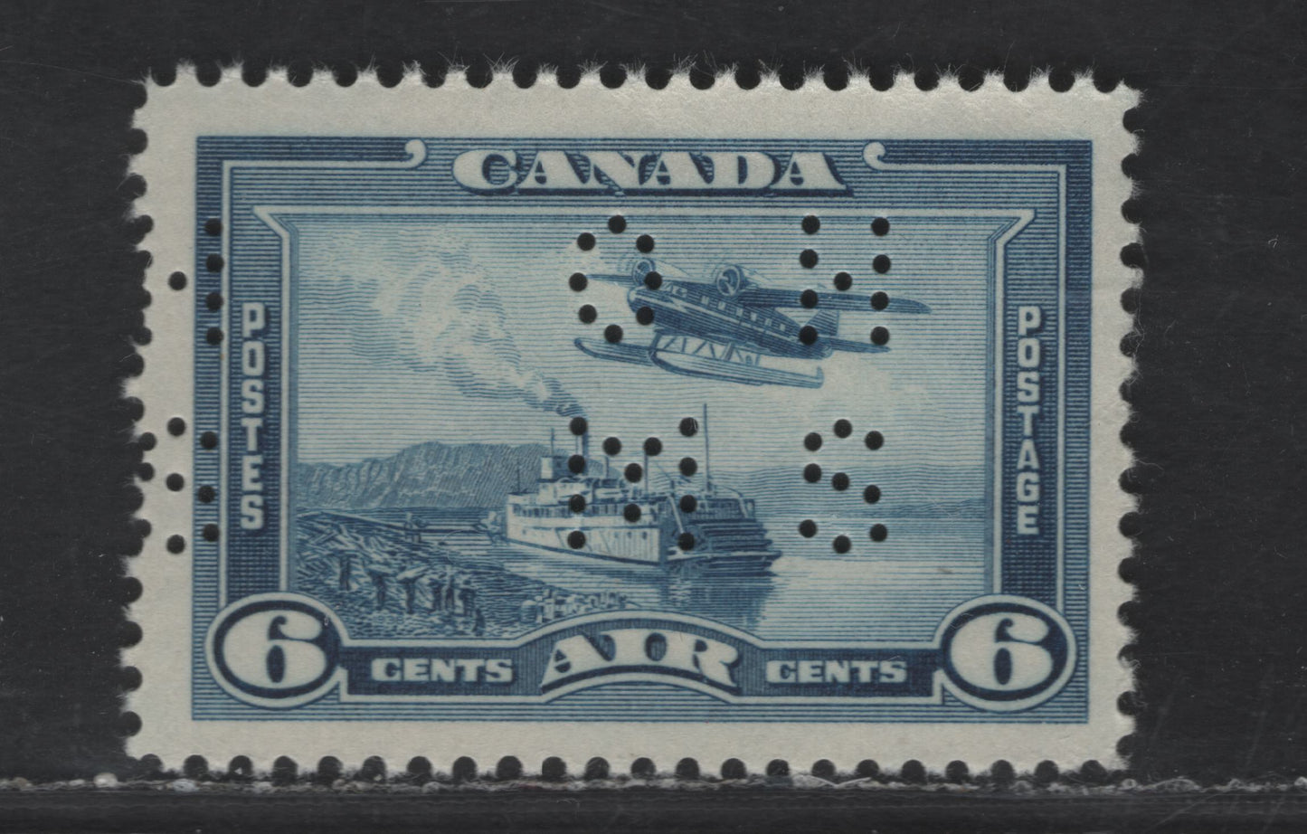 Canada #O9-C6 6c Dull Blue Halifax Harbour, 1937-1942 Mufti & Pictorial Issue, A Fine NH Single Position 1 4-Hole OHMS Perfin, Soft Vertical Wove, Semi-Gloss Cream Gum