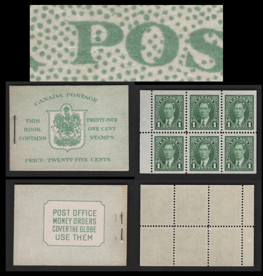 Canada #BK28cE 1c Deep Bluish Green, 1937-1942 Mufti & Pictorial Issue, A VFNH Complete 25c Booklet English Text, Type II 6c Airmail Rate, Harris Cover Type IIa, 4 Panes Of 6, Vertical Wove Paper With Light Horizontal Ribbing, Semi-Gloss Cream Gum