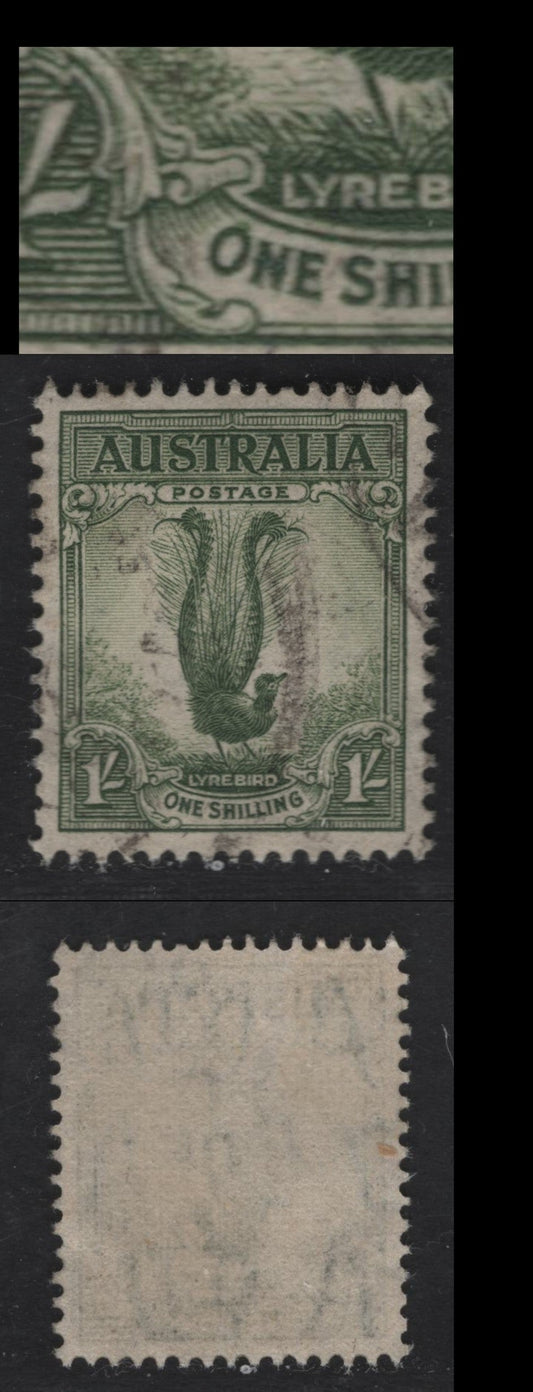 Australia SG#192a 1/- Gray Green Lyrebird, 1937-1949 Zoological Issue, A Very Fine Used Single, With Roller Flaw Above 'O' of "One', Right Pane R1/6 to R6/6