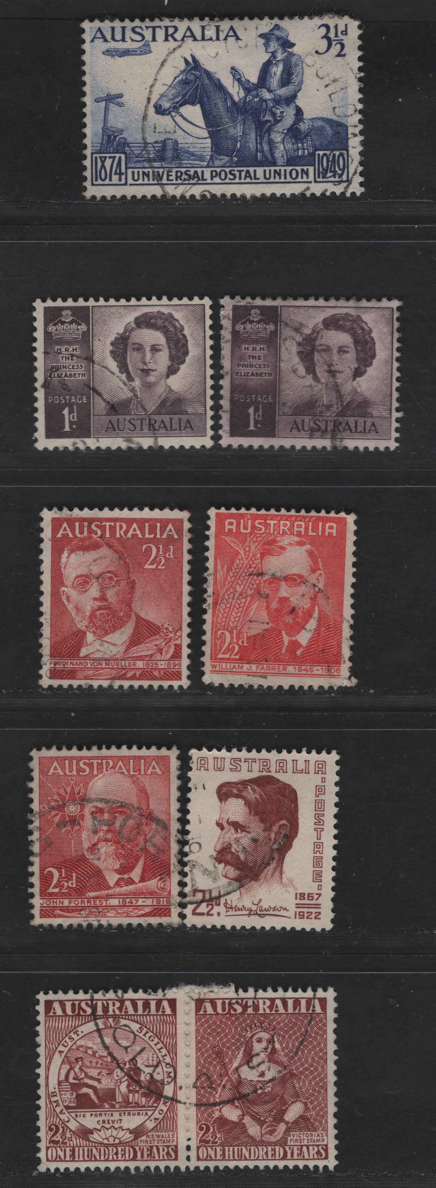 Australia SG#222-222a, 225-227, 231-233, 239a 1d - 2.5d Purple - Maroon Princess Elizabeth - Victoria's First Stamp, 1947-1950 Marriage of Princess Elizabeth - Stamp Centenary Issues, 8 Very Fine Used Singles & Pairs