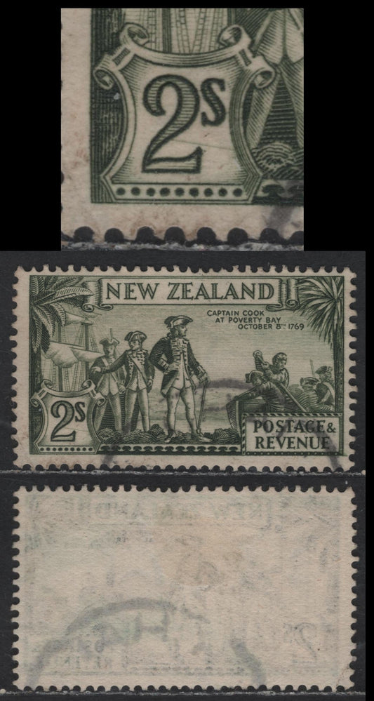 New Zealand SG#589var 2/- Olive Green Capt. Cook, 1936-1942 Pictorial Issue, A Fine Used Single, Multiple Wmk, Showing Diagonal Scratch From Left '2' To Edge Of Value Tablet