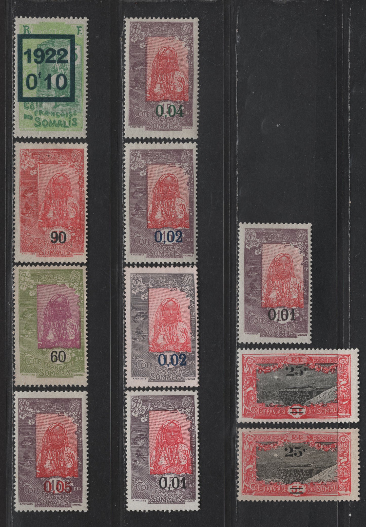 Lot 100 Somali Coast SC#121-a, 122-a, 123-125, 128-129, 119b 0.01c on 15c - 25c on 5fr Violet & Rose - Rose Red & Black Somali Girl - Railroad Bridge , 1922-1927 Surcharged Issues, 11 F/VFOG & Unused Singles