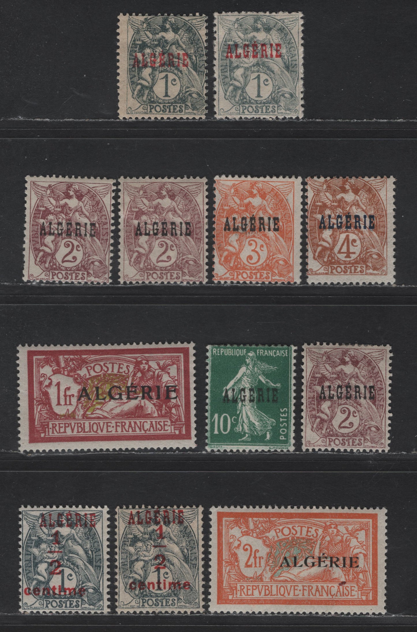 Lot 1 Algeria SC#1, 1a, 2-4, 7, 28, 30, P1 1c - 2fr Slate - Orange & Pale Blue Liberty & Scales, 1924-1926 Overprinted Liberty & Peace Issue, 12 F/VFOG Singles, Includes 3 Shades Of P1