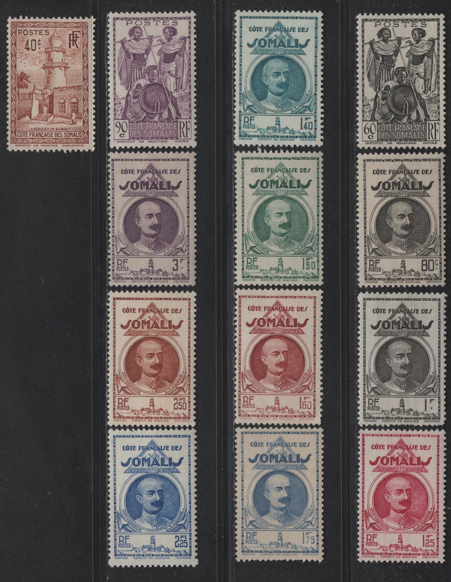 Lot 101 Somali Coast SC#156, 160, 163-164, 166-171, 173-175 40c - 3fr Orange Brown - Dull Violet Mosque of Djibouti - Governor Leonce Lagarde, 1938-1940 Mosque & Lagarde Definitive Issue, 13 F/VFOG Singles