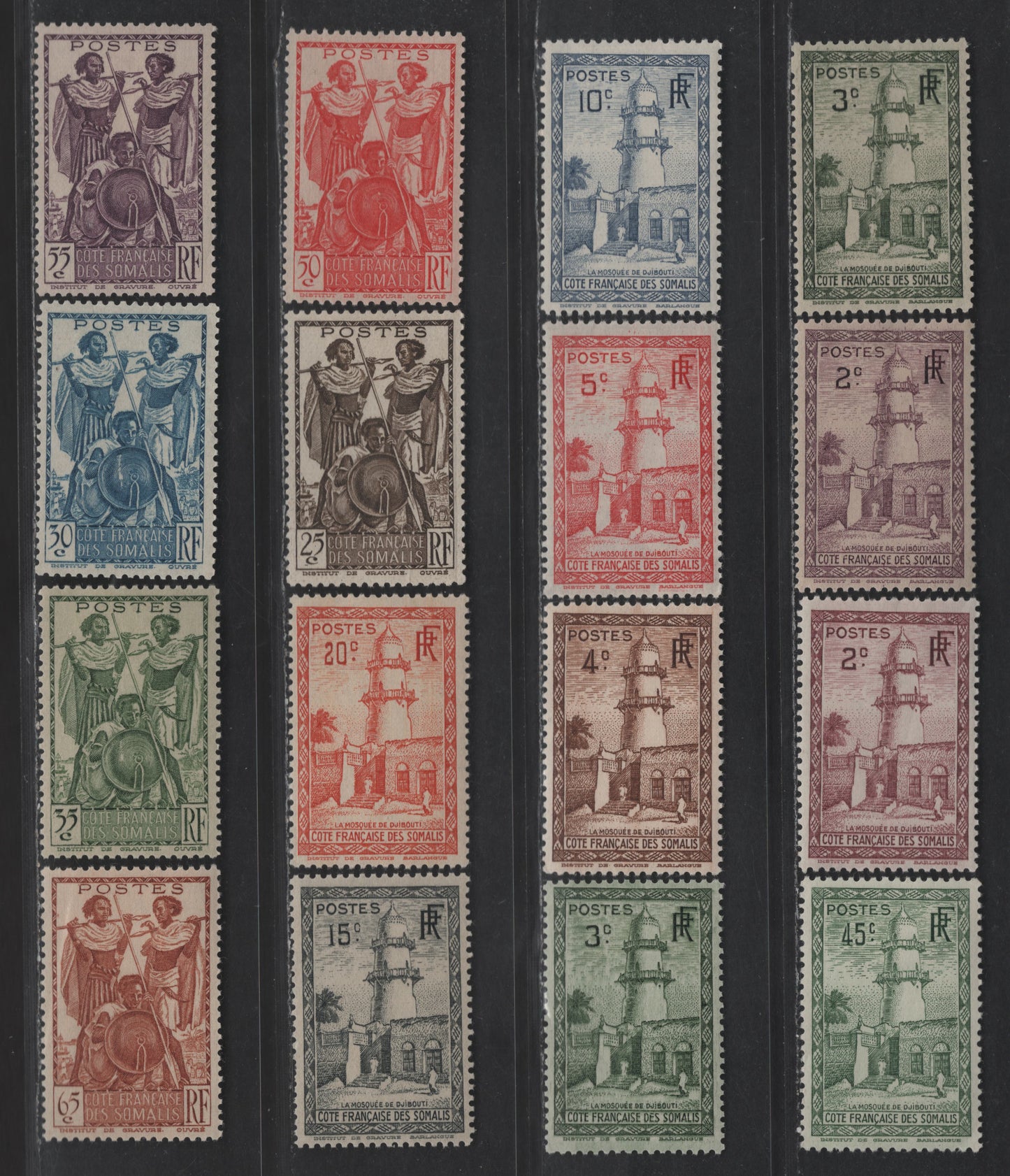Lot 102 Somali Coast SC#146-155, 158-159, 161 2c - 65c Dull Red Violet - Orange Brown Mosque of Djibouti - Somali Warriors, 1938-1940 Mosque & Warriors Definitive Issue, 15 VFOG Singles