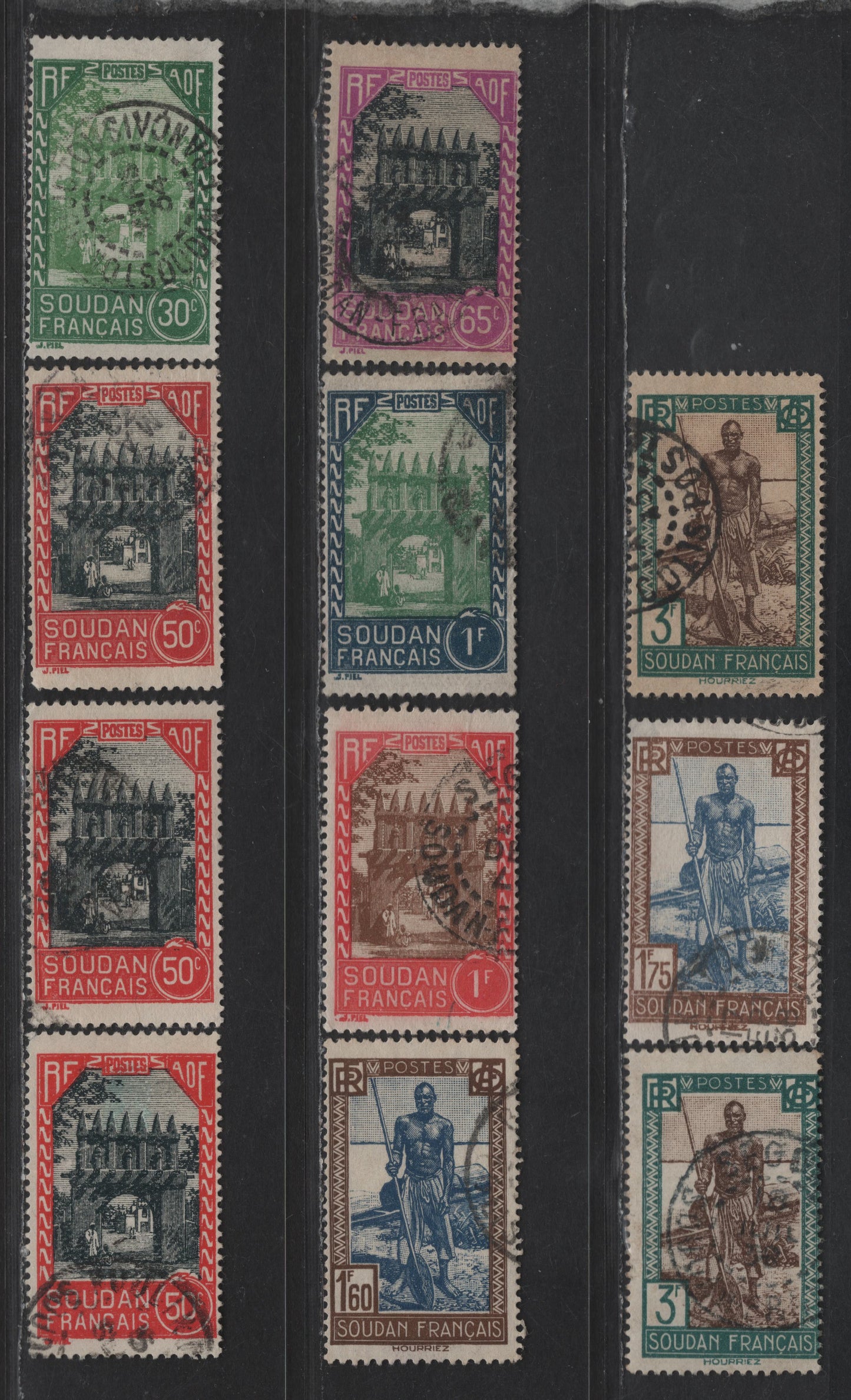 Lot 111 French Sudan SC#70, 76, 79, 85-86, 92-93, 98 30c - 3fr Green & Light Green - Prussian Green & Brown Entrance to Residency at Djenne - Sudanese Boatman, 1931-1940 Pictorial Issue, 11 Fine/Very Fine Used Singles, Additional Shades