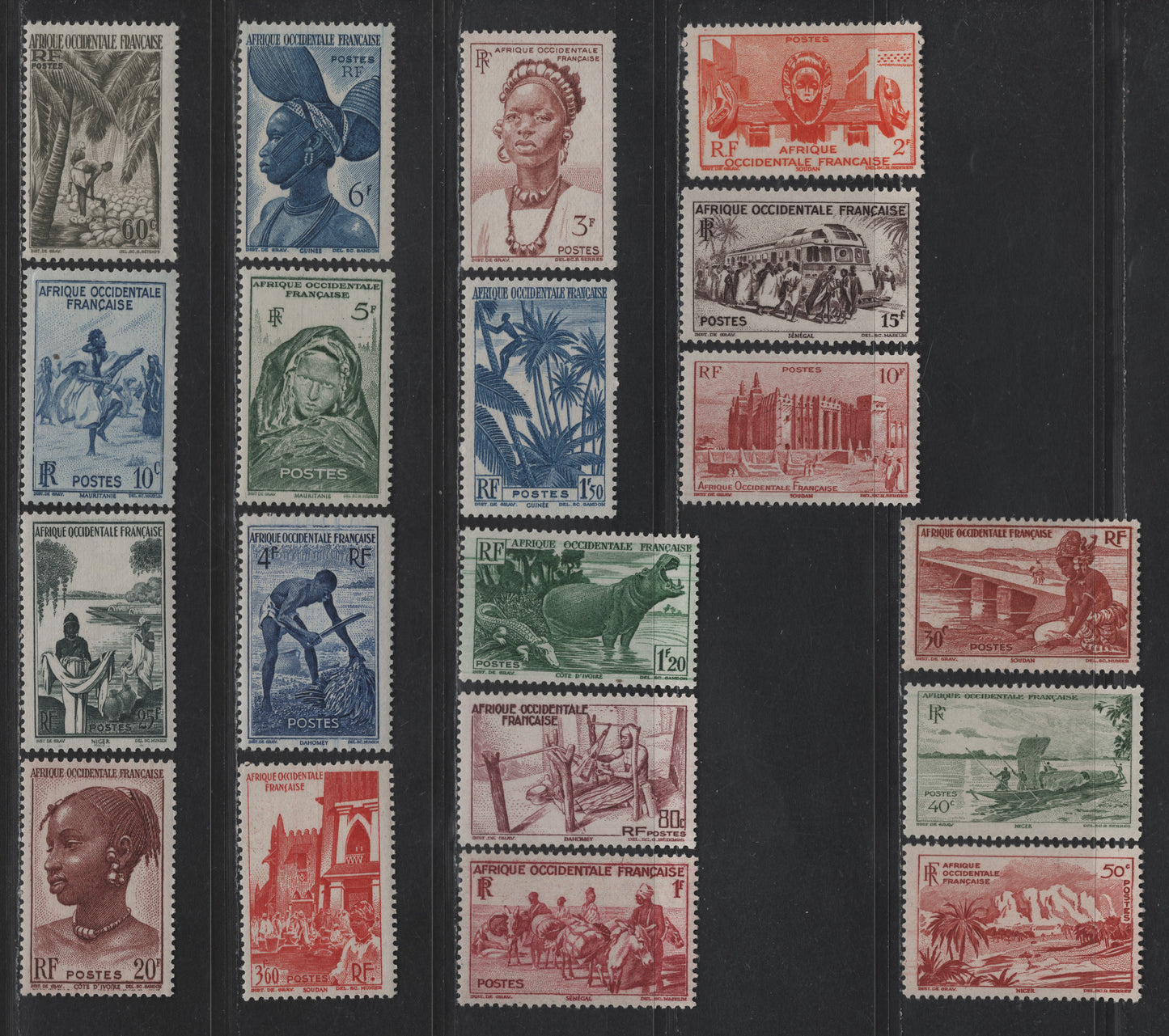 Lot 113 French West Africa SC#36-54 10c - 25fr Blue - Greenish Black Rifle Dance - Azwa Women At Niger River, 1947 Pictorial Definitive Issue, 19 VFOG/NH Singles, 60c Is NH, Rest OG