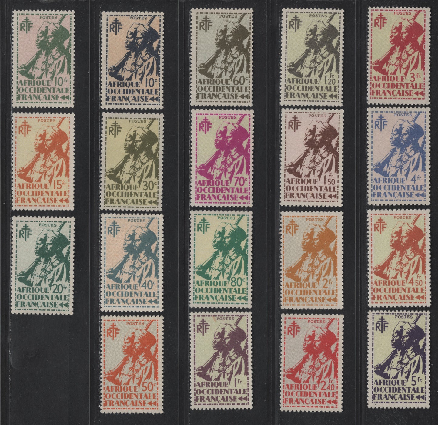 Lot 115 French West Africa SC#17-35 10c - 20fr Indigo & Buff - Slate Green & Greenish Colonial Soldier, 1945 Pictorial Issue, 19 VFOG Singles