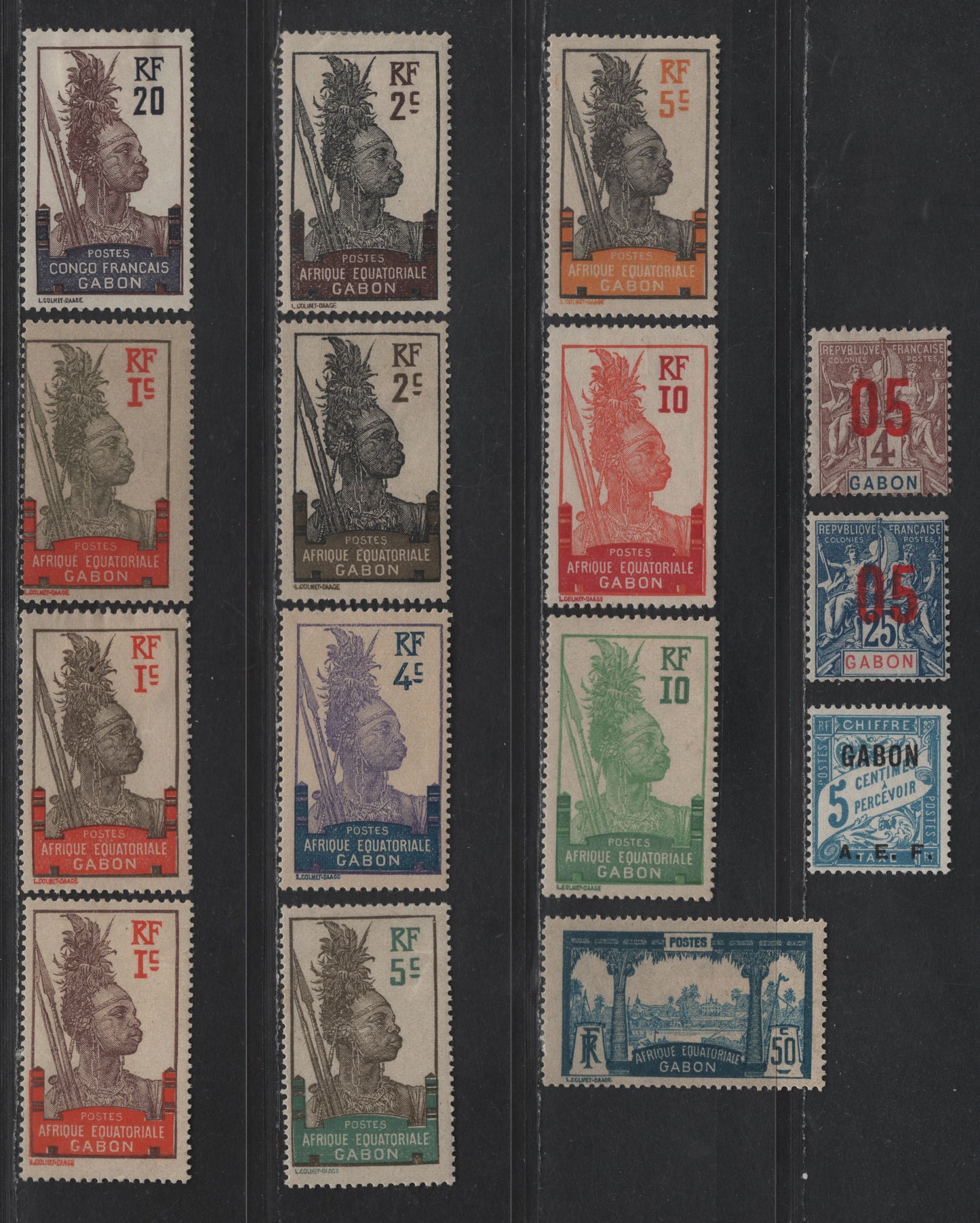 Lot 119 Gabon SC#38, 49,c, 50,b, 51-53, 54b, 55, 67, 73, 76, J1 20c - 5c Chocolate & Dark Violet - Light Blue Fang Warrior - Banner, 1910-1922 Pictorial & Postage Due Issues, 15 F/VFOG Singles