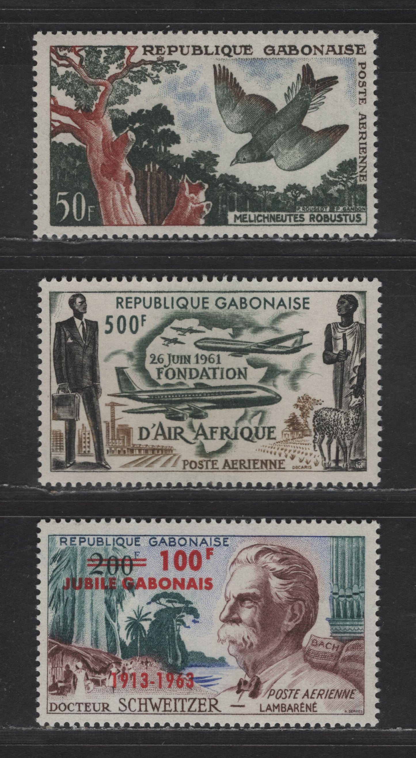 Lot 121 Gabon SC#C4-C5, C11 50fr - 100fr on 200fr Slate Green, Red Brown & Ultramarine - Multicolored Lyre-Tailed Honey Guide - Dr. Albert Schweitzer, 1961-1963 Airmail Issue, 3 VFNH Singles