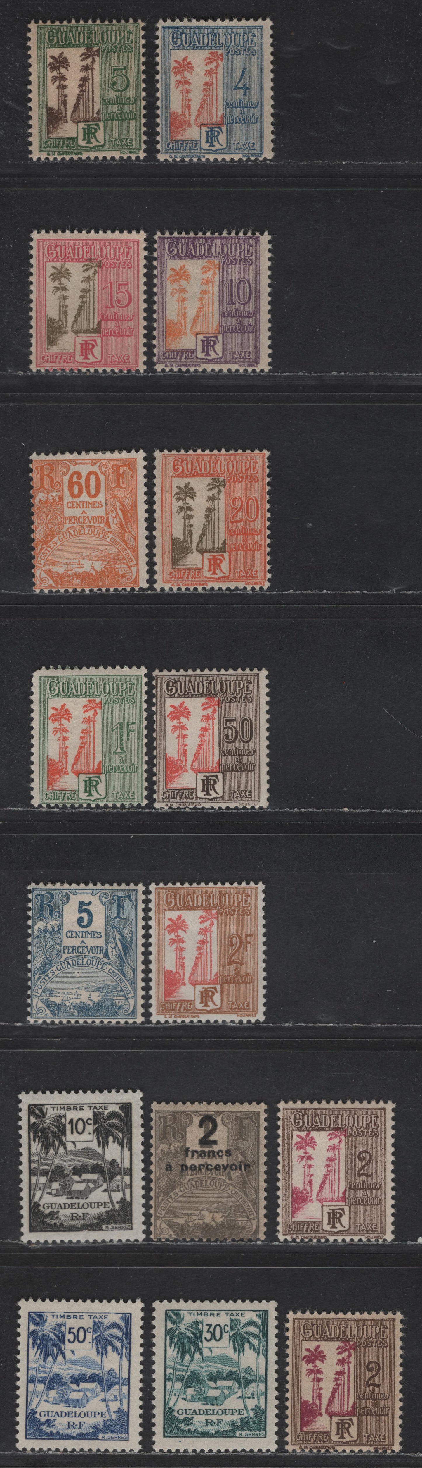 Lot 127 Guadeloupe SC#J15, J21, J23, J25-J30, J33, J35-J36, J38-J40 5c - 50c Blue - Bright Blue Numerals, 1905-1947 Postage Dues, 16 F/VFOG Singles