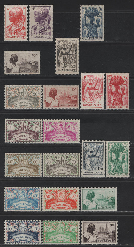Lot 128 Guadeloupe SC#168-173, 175-176, 186, 189-200 10c - 6fr Chalky Blue & Red Orange - Red Dolphins - Guadeloupe Woman, 1945-1947 Dolphins & Pictorial Definitive Issues, 21 VFOG Singles, With Extra Shades