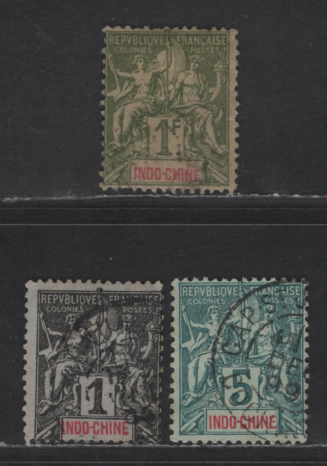 Lot 129 Indo-China SC#3, 6, 20 1c - 1fr Black on Lilac Blue - Bronze Green on Straw Navigation & Commerce, 1892-1900 Navigation & Commerce Issue, 3 Very Good/Fine Used Singles