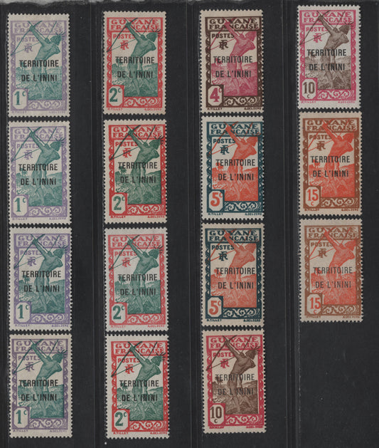 Lot 130 Inini SC#1-2, 4-7 1c - 15c Grayish Lilac & Greenish Blue - Yellow Brown & Red Orange Bowman, 1932-1940 French Guiana Overprinted Issue, 15 F/VFOG Singles