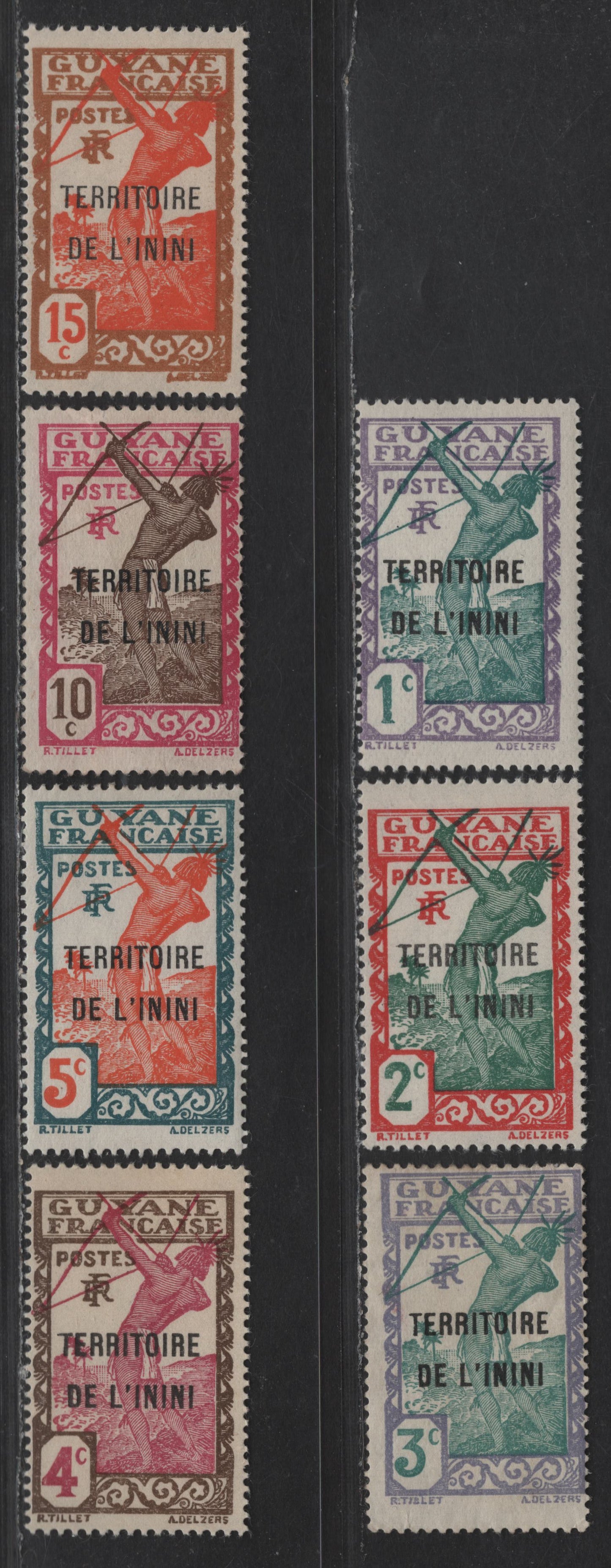 Lot 131 Inini SC#1-7 1c - 15c Grayish Lilac & Greenish Blue - Yellow Brown & Red Orange Bowman, 1932-1940 French Guiana Overprinted Issue, 7 F/VFOG Singles