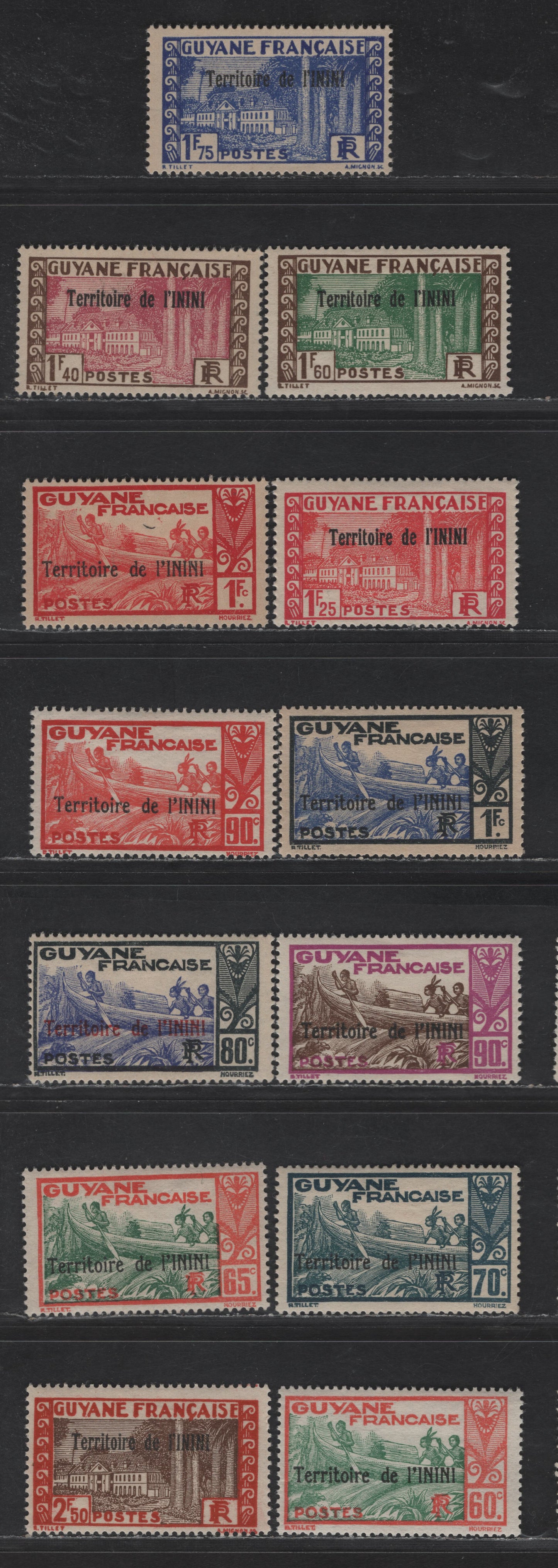 Lot 134 Inini SC#17-19, 21-23, 25-26, 28-29, 31-32, 36 60c - 2.50fr Salmon & Green - Copper Red & Brown Boat - Manor, 1932-1940 French Guiana Overprinted Issue, 13 VFOG Singles