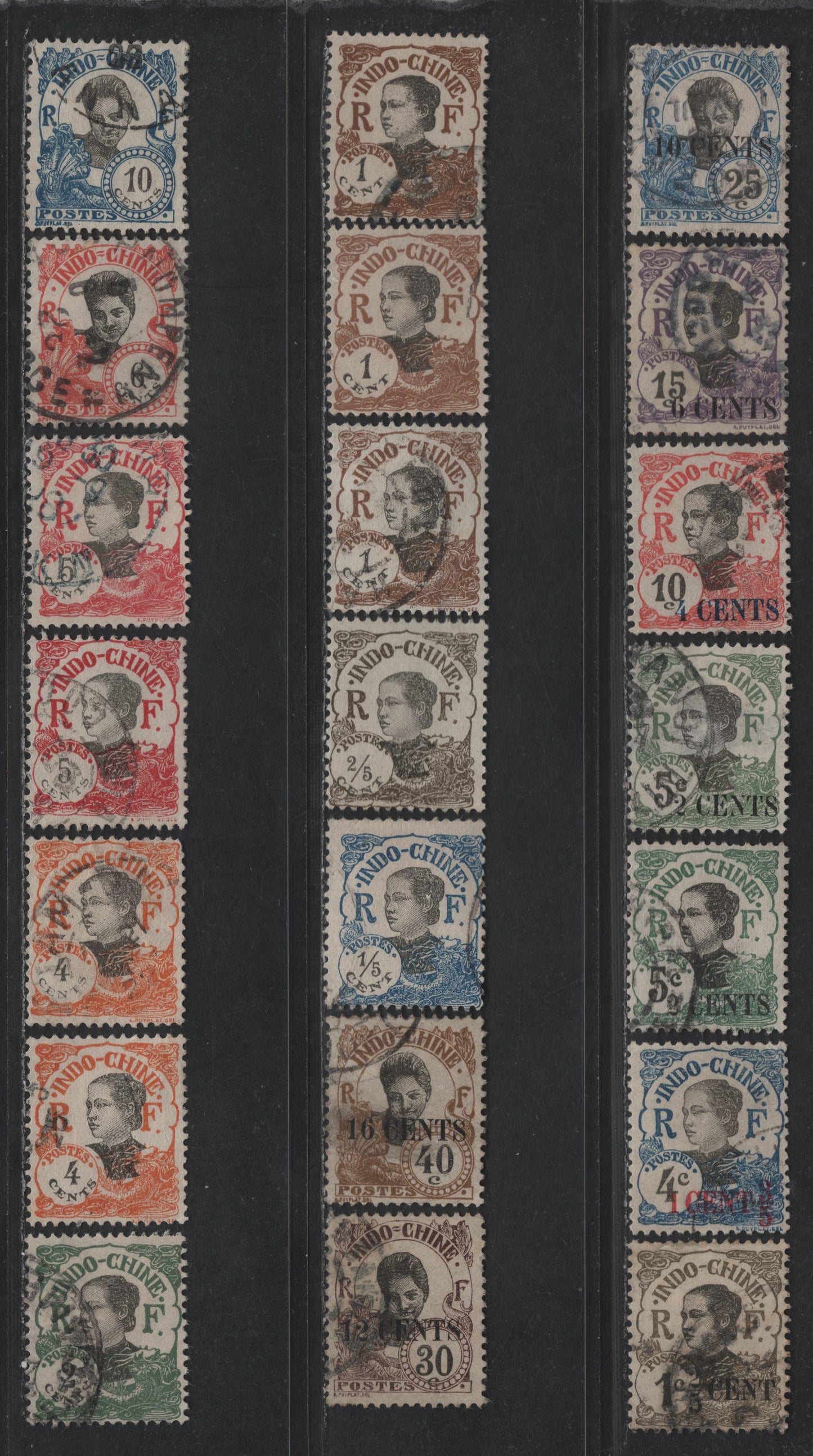 Lot 139 Indo-China SC#65/107 1c - 10c+5c Brown & Black - Blue & Black Annamite Girl - Annamite Girl Dual Color, 1919-1923 Surcharged & Cents Definitive Issues, 21 Fine/Very Fine Used Singles, Some Shade Variations