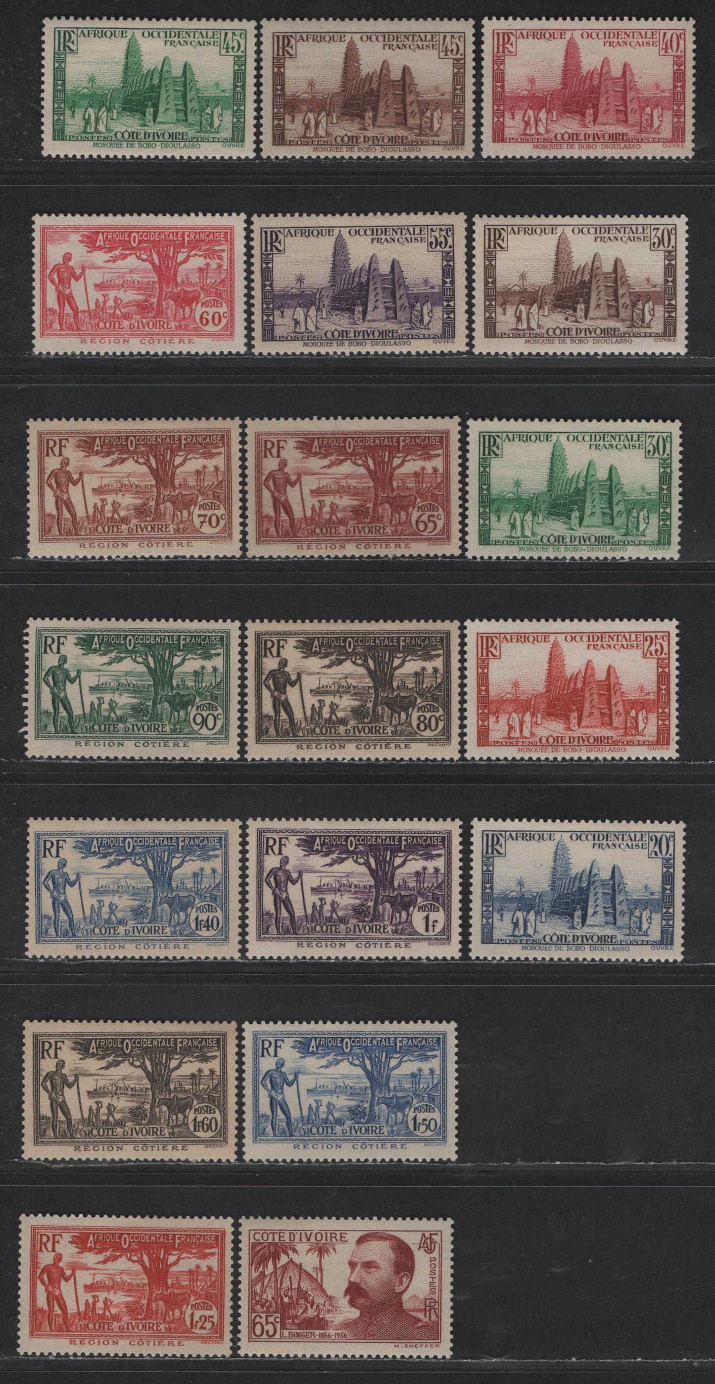 Lot 148 Ivory Coast SC#119-122, 124-126, 128-131, 133, 135, 138-140, 141A, 142, 159 20c - 65c Ultramarine - Red Brown Mosque - Louis Gustave Binger, 1936-1944 Pictorial & Death Of Governor Binger Issues, 19 VFOG Singles