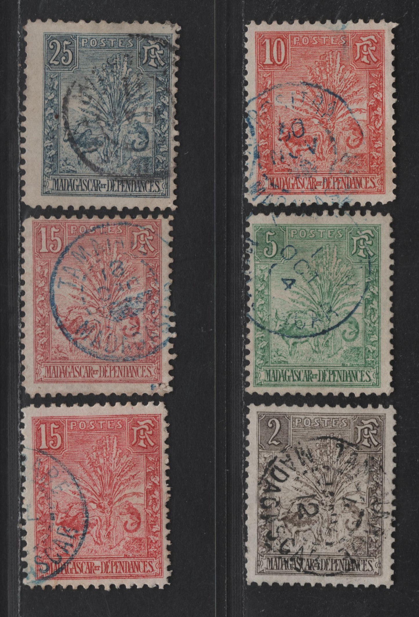 Lot 153 Madagascar SC#64, 66-68, 70 2c - 25c Olive Brown - Dull Blue Zebu, Traveller's Tree & Lemur, 1903 Engraved Pictorial Issue, 6 Fine/Very Fine Used Singles