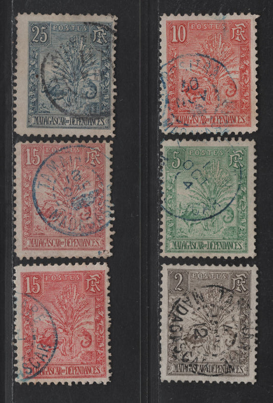 Lot 153 Madagascar SC#64, 66-68, 70 2c - 25c Olive Brown - Dull Blue Zebu, Traveller's Tree & Lemur, 1903 Engraved Pictorial Issue, 6 Fine/Very Fine Used Singles