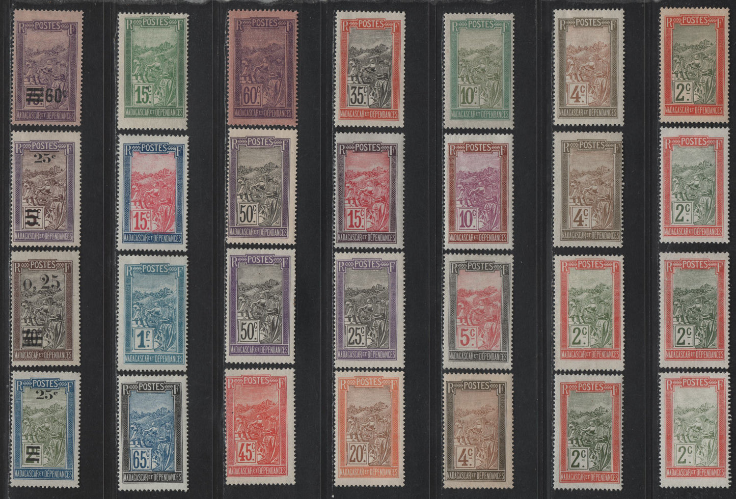 Lot 154 Madagascar SC#79-81, 83, 85-90, 97, 100, 102, 105-106, 110, 115, 119, 128, 137, 138, 133, 178, B1 1fr on 5fr - 1fr Red Lilac - Dull Blue Sedan Chair, 1908-1929 Pictorial Definitive, Surcharged & Semi Postal Issues, 40 F/VFOG Singles