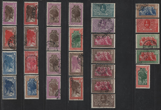 Lot 157 Madagascar SC#148/167 2c - 5fr Brown Red & Dark Brown - Violet & Dark Brown Sakalava Chief - Hova Woman, 1930-1944 Pictorial Definitive Issue, 28 Fine/Very Fine Used Singles With Shade Variations
